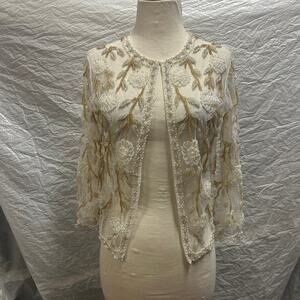 Vintage HandMade in Hong Kong Cream+Pearl+Gold Beaded Cardigan Sweater Size 10
